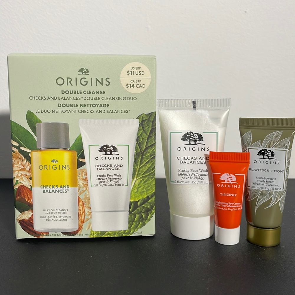 Origins set: Checks and Balances face wash, Plantscription, & Ginzing eye cream